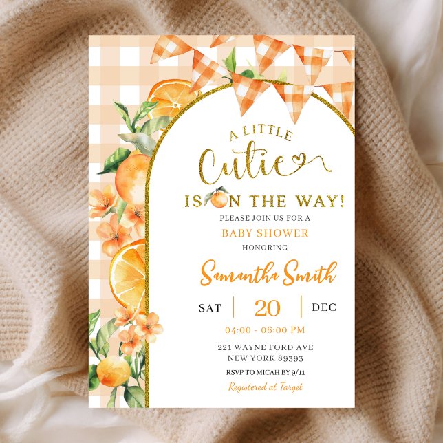 Convite de chá de bebê Cutie Orange Gingham (Criador carregado)
