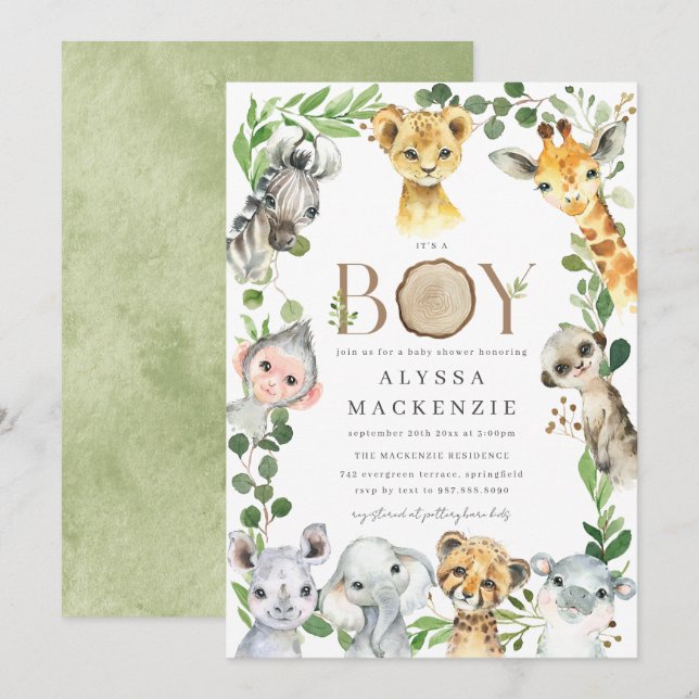 Convite de Chá de Bebê de Animais da Savana (Frente/Verso)