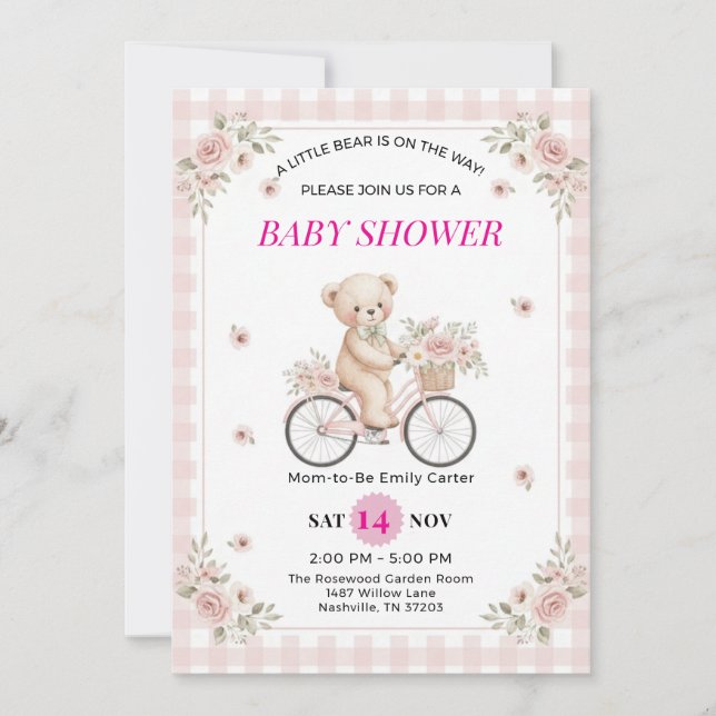 Convite de Chá de Bebê de Bicicleta de Urso de Pel (Frente)