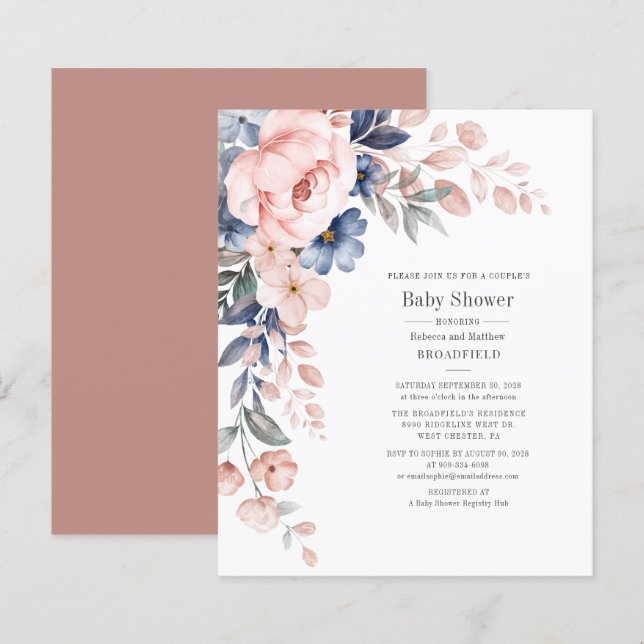 Convite de Chá de Bebê de Casal com Flores Rosa pa (Frente/Verso)
