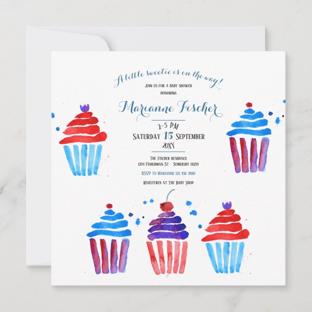 Convite de Chá de Bebê de cupcakes em aquarela fof (Frente)