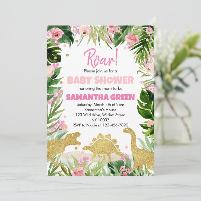 Convite de Chá de Bebê de Dinossauro Menina (Em pé/Frente)