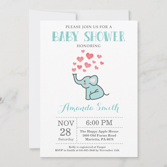 Convite de Chá de Bebê de Elefante Aqua e Cinza (Frente)