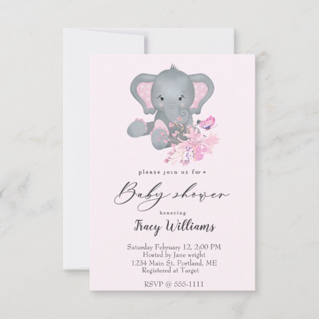 Convite de chá de bebê de elefante em aquarela fof (Frente)