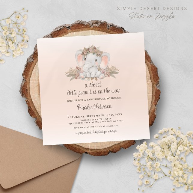 Convite de Chá de Bebê de Elefante Floral Boho Mod (Modern Boho Blush Pink Floral Elephant Baby Shower Invitation for Gender Neutral Boy or Girl Party)