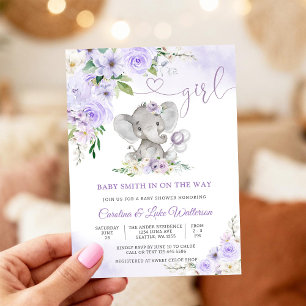Convite de Chá de Bebê de Elefante Floral Roxo