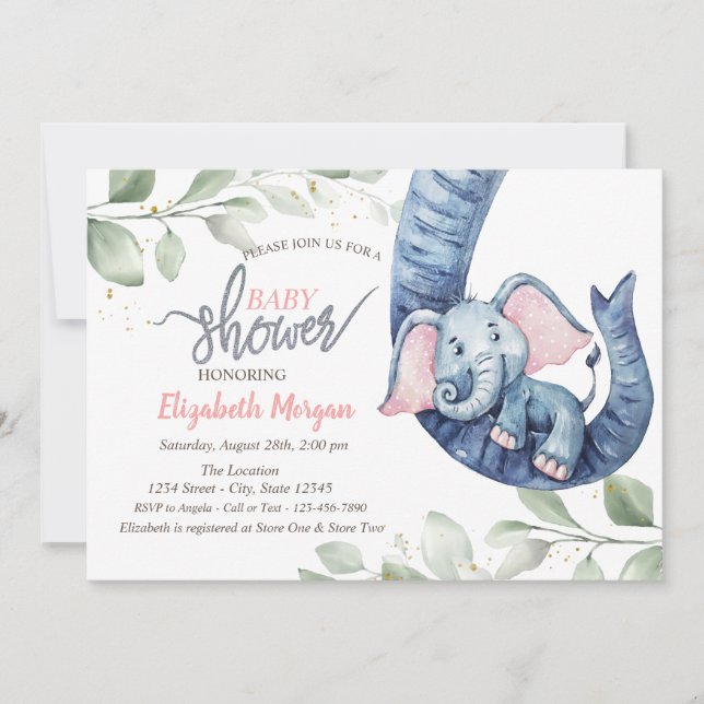 Convite de chá de bebê de elefante menina (Frente)