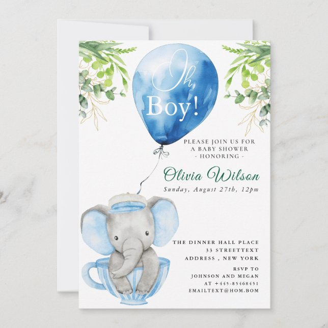Convite de Chá de Bebê de Elefante para Menino – “ (Frente)