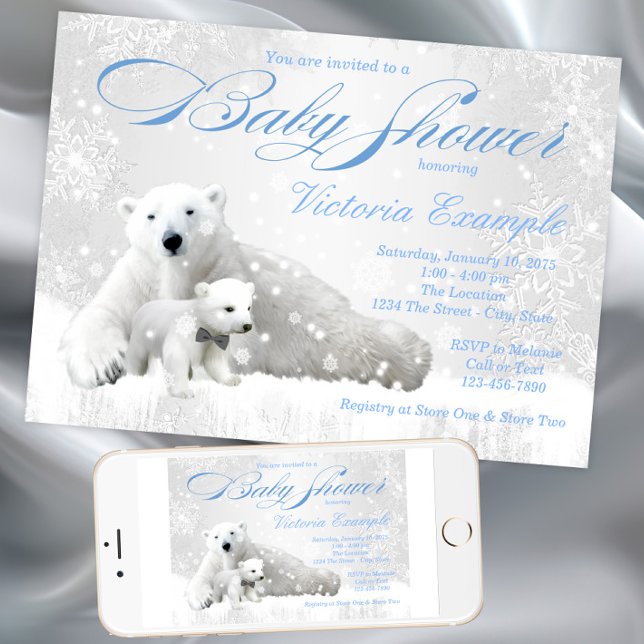 Convite de Chá de Bebê de Inverno do Ursinho Polar (Cute Polar Bear Winter Baby Shower Invitation. Instant download and print invitations available.)