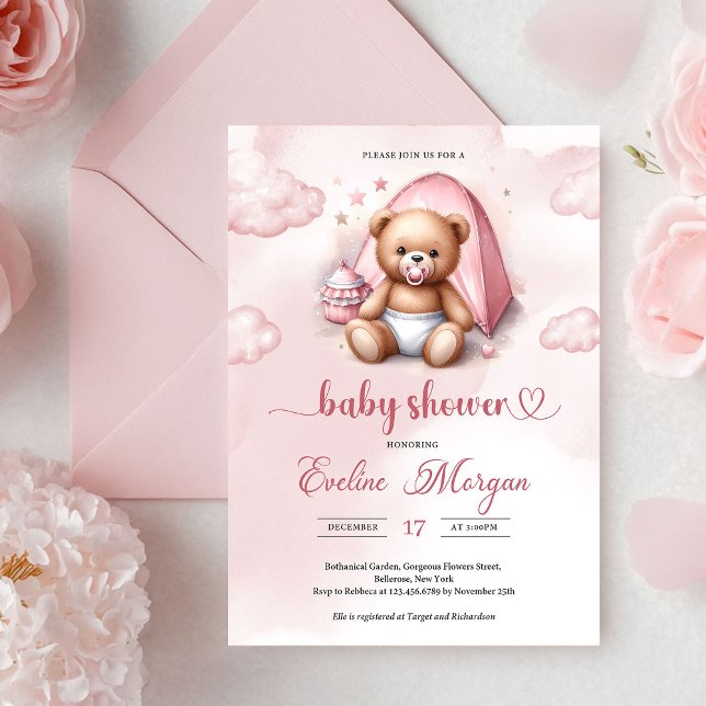 Convite de chá de bebê de menina clássico com ursi (Classic girl baby shower invitation teddy bear)