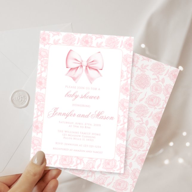 Convite de chá de bebê de menina floral com laço r (Criador carregado)