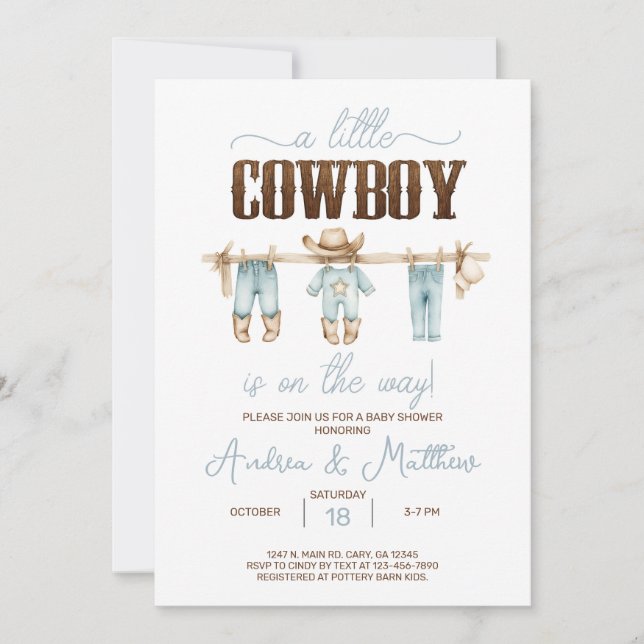 Convite de chá de bebê de menino western cowboy. (Frente)