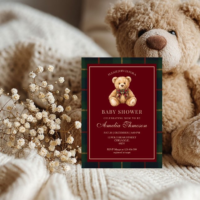 Convite de chá de bebê de Natal Urso de Pelúcia Lu (Criador carregado)