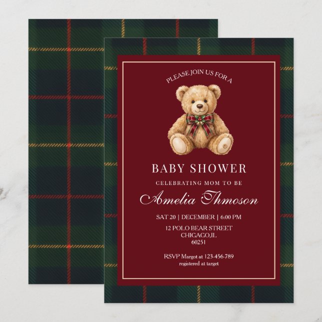 Convite de chá de bebê de Natal Urso Teddy de Luxo (Frente/Verso)