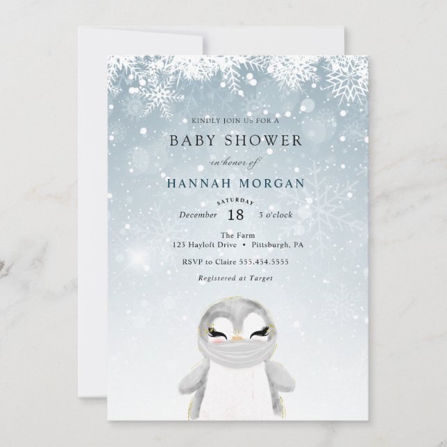 convite de chá de bebê de pinguim de inverno com m (Frente)