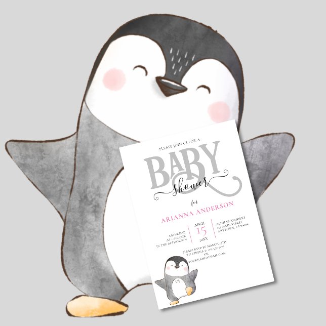 CONVITE DE CHÁ DE BEBÊ DE PINGUIM FOFO DE GÊNERO N (Cute Baby Penguin Baby Shower Invitation)