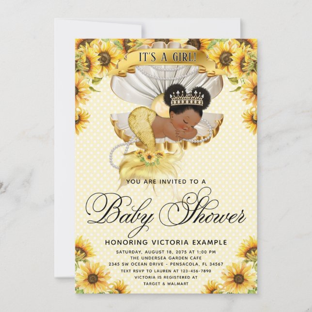 Convite de Chá de Bebê de Sereia Afro com Girassol (Frente)
