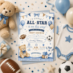 convite de chá de bebê de urso de pelúcia azul em