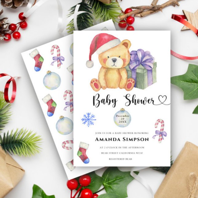 Convite de Chá de Bebê de Urso Teddy de Natal (Criador carregado)