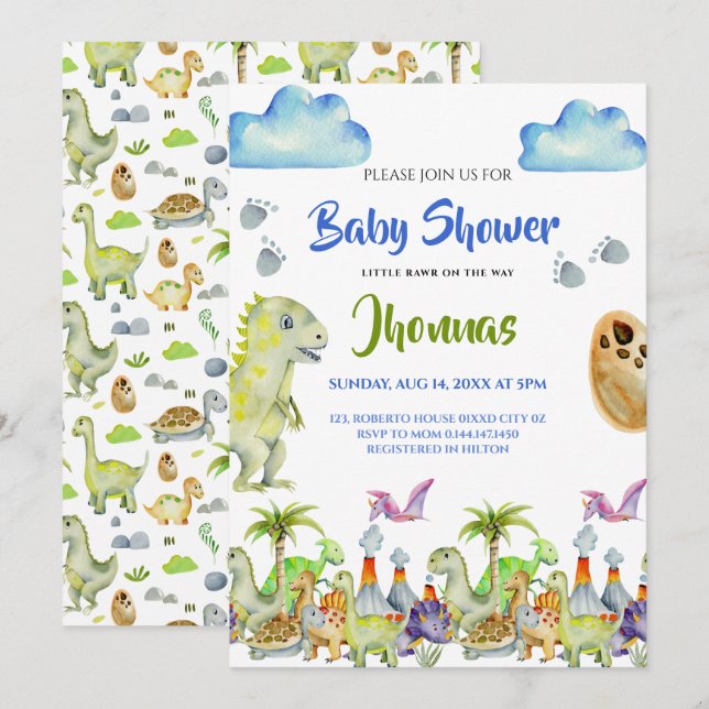 Convite de chá de bebê Dino little rawr (Frente/Verso)