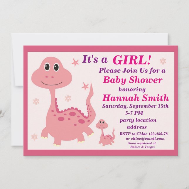 Convite de chá de bebê dinossauro rosa (Frente)