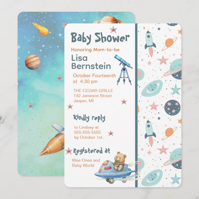 Convite de Chá de Bebê do Astronauta do Ursinho de (Frente/Verso)