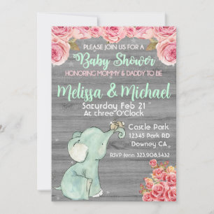 Convite de chá de bebê do elefante floral rosa