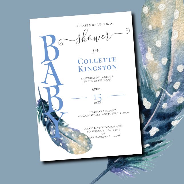 Convite de Chá de Bebê do Menino Pena Azul (Blue Feather Baby Invitations)