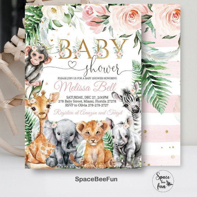 Convite de Chá de Bebê do Safari, Menina Safari Se (Editable Safari,Baby Shower,Invitation,Girl Safari,Jungle  Animals,Baby Shower Invite,Wild One Invit)