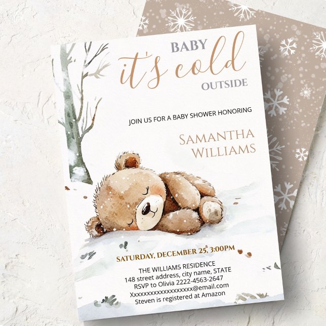 Convite de Chá de Bebê do Ursinho Baby It’s Cold O (Cute bear watercolor baby shower invitation “Baby It’s Cold Outside” )