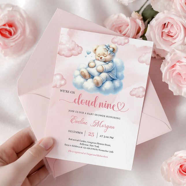 Convite de Chá de Bebê do Ursinho Caprichoso Nuvem (Whimsical Teddy Bear Baby Shower Invite Cloud Nine)