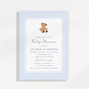 Convite de Chá de Bebê do Ursinho de Gingham Azul