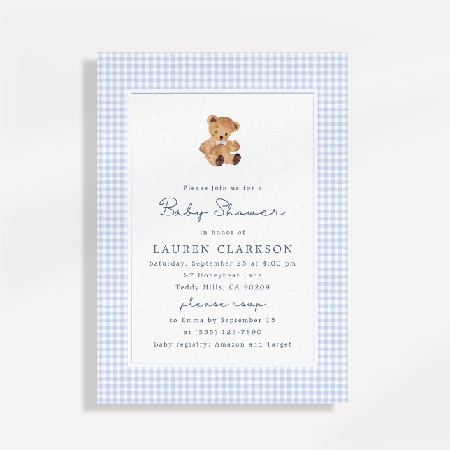 Convite de Chá de Bebê do Ursinho de Gingham Azul (Criador carregado)