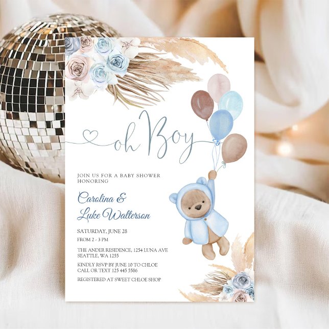 Convite de Chá de Bebê do Ursinho Teddy Floral Azu (Criador carregado)