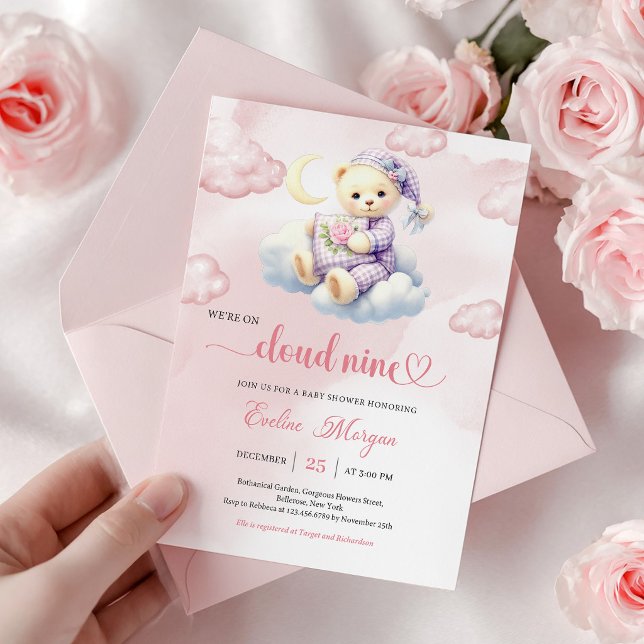 Convite de Chá de Bebê do Urso Teddy Adorável Nuve (Lovely Teddy Bear Baby Shower Invite Cloud Nine Theme)