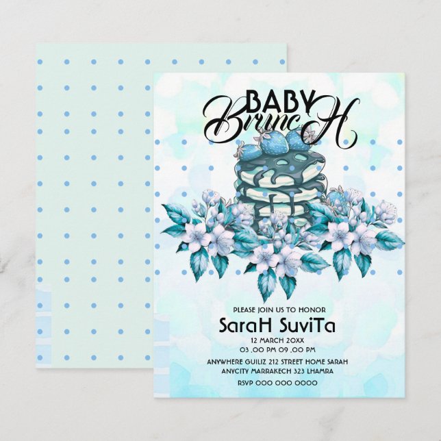Convite de Chá de Bebê Editable Blueberry Baby Bru (Frente/Verso)