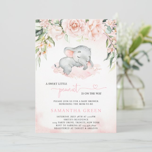 Convite de Chá de Bebê Elefante Menina Rosa (Em pé/Frente)