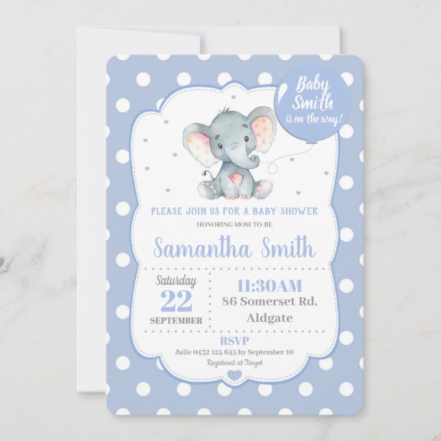 Convite de Chá de Bebê Elefante Menino Pontinhos A (Frente)