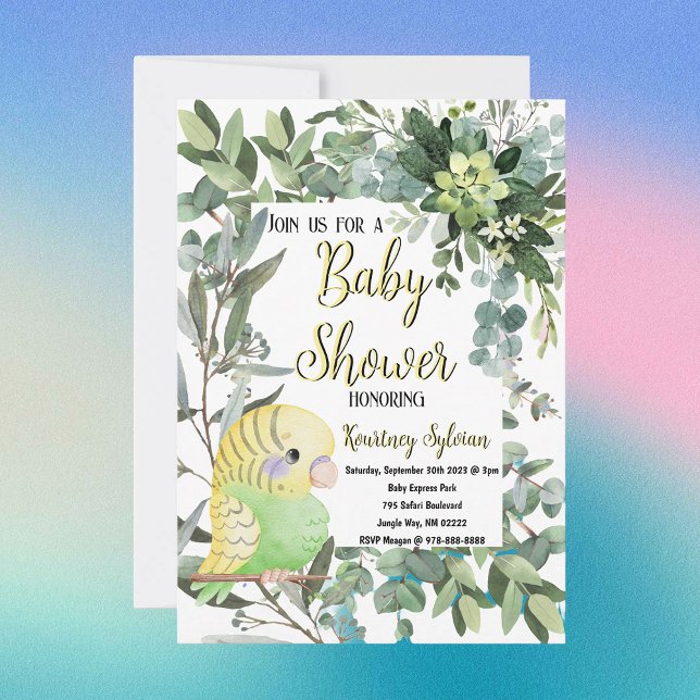 Convite de Chá de Bebê em Aquarela com Papagaio Ve (Adorable parakeet bird baby shower invitation )