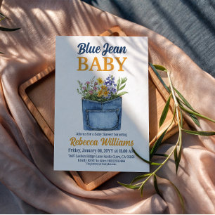 Convite de Chá de Bebê em Denim Floral Amarelo Azu