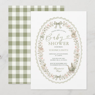 Convite de Chá de Bebê em Gingham Oval Verde Salvi