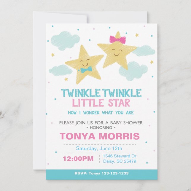 Convite de Chá de Bebê Estrela Pequena Lousa Gêmea (Frente)