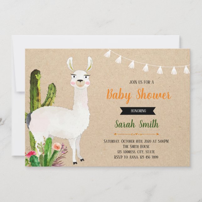 convite de chá de bebê festa de llama (Frente)