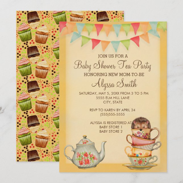 Convite de Chá de Bebê Festa do Cupcake Fofinho (Frente/Verso)