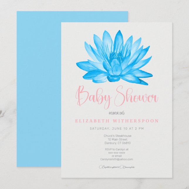 Convite de chá de bebê Flor de Lótus Azul elegante (Frente/Verso)