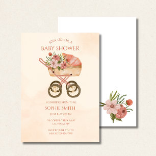 Convite de Chá de Bebê Floral Aquarela de Carrinho