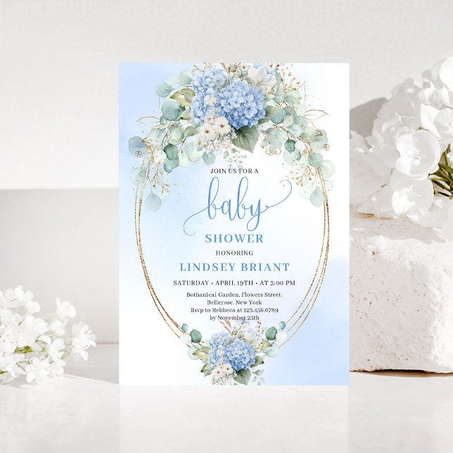 Convite de Chá de Bebê Floral Azul Clássico Dourad (Classic Blue Floral Baby Shower Invitation Gold)