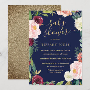 Convite de Chá de Bebê Floral Azul Gold Blush