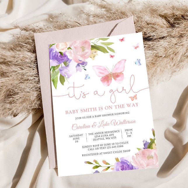 Convite de Chá de Bebê Floral Borboleta (Criador carregado)