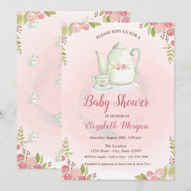 Convite de Chá de Bebê Floral Bule Adorável (Frente/Verso)